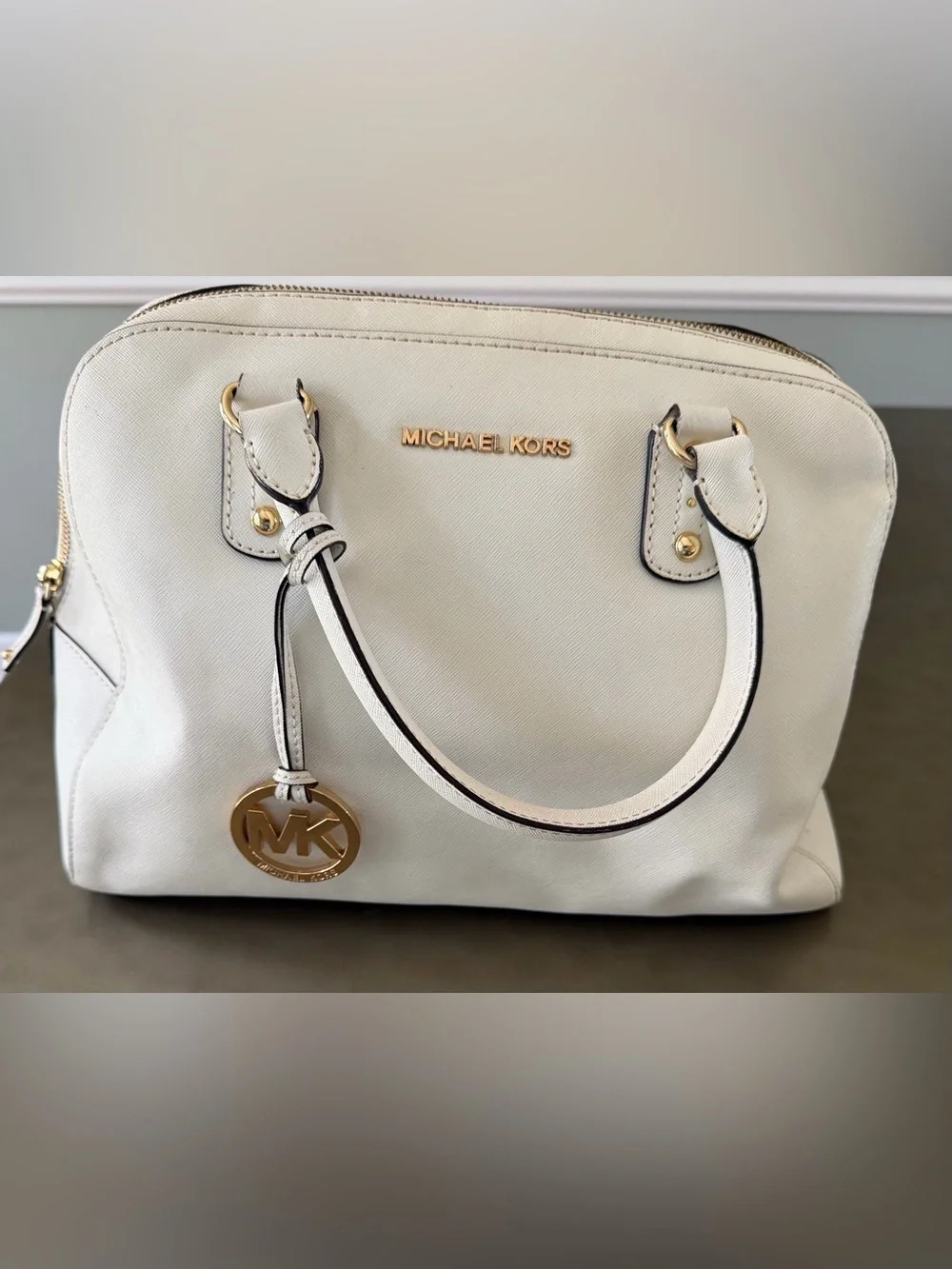 Michael Kors Cream Dome Satchel with Gold Hardware, Zip closure, Removable Strap